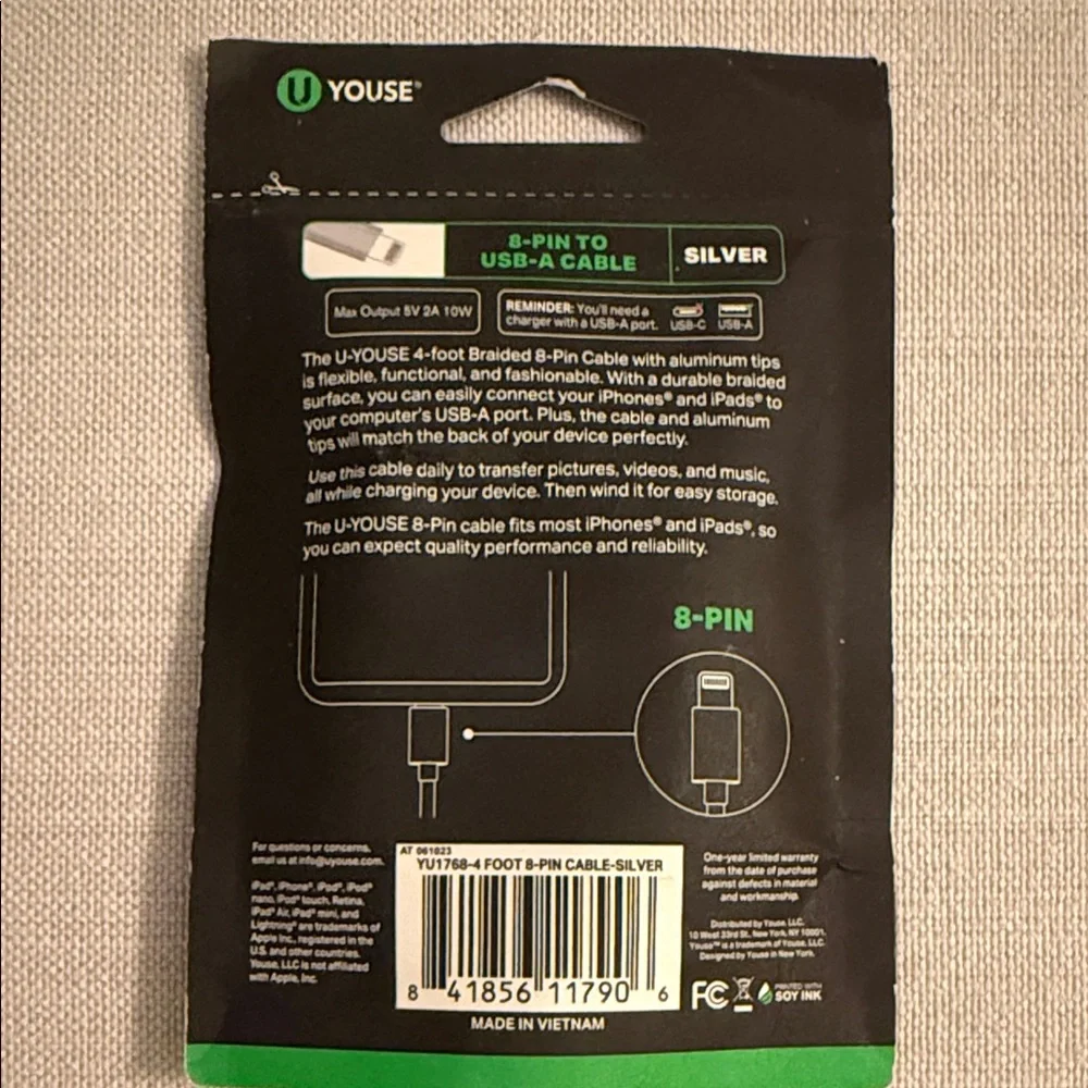 Silver 4ft 8-Pin to USB-A Cable